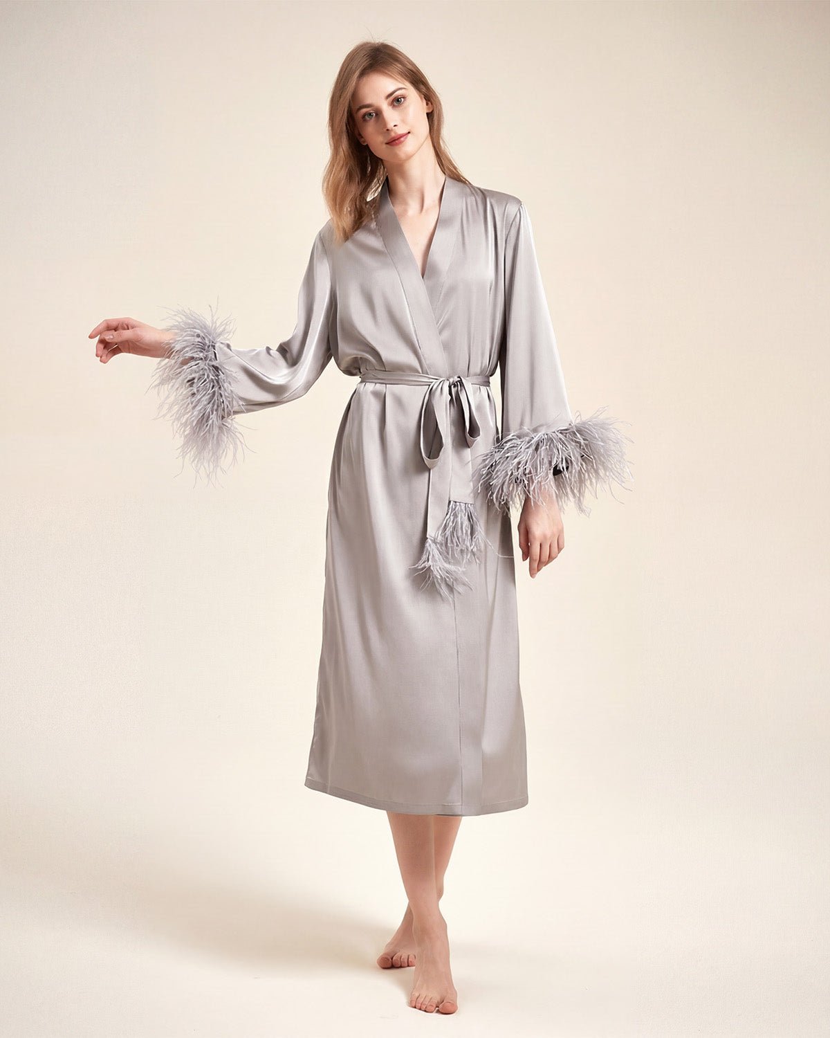FEELITS PA15 Bridal Mulberry Silk Robe – Long Feather Trim Wedding Morning Robe - FEELITS