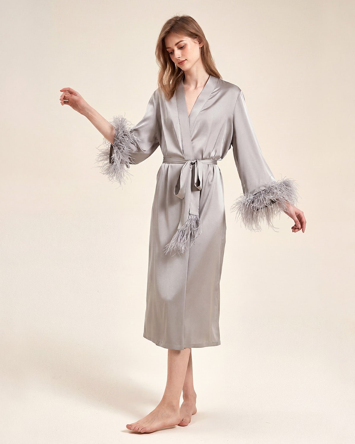 FEELITS PA15 Bridal Mulberry Silk Robe – Long Feather Trim Wedding Morning Robe - FEELITS