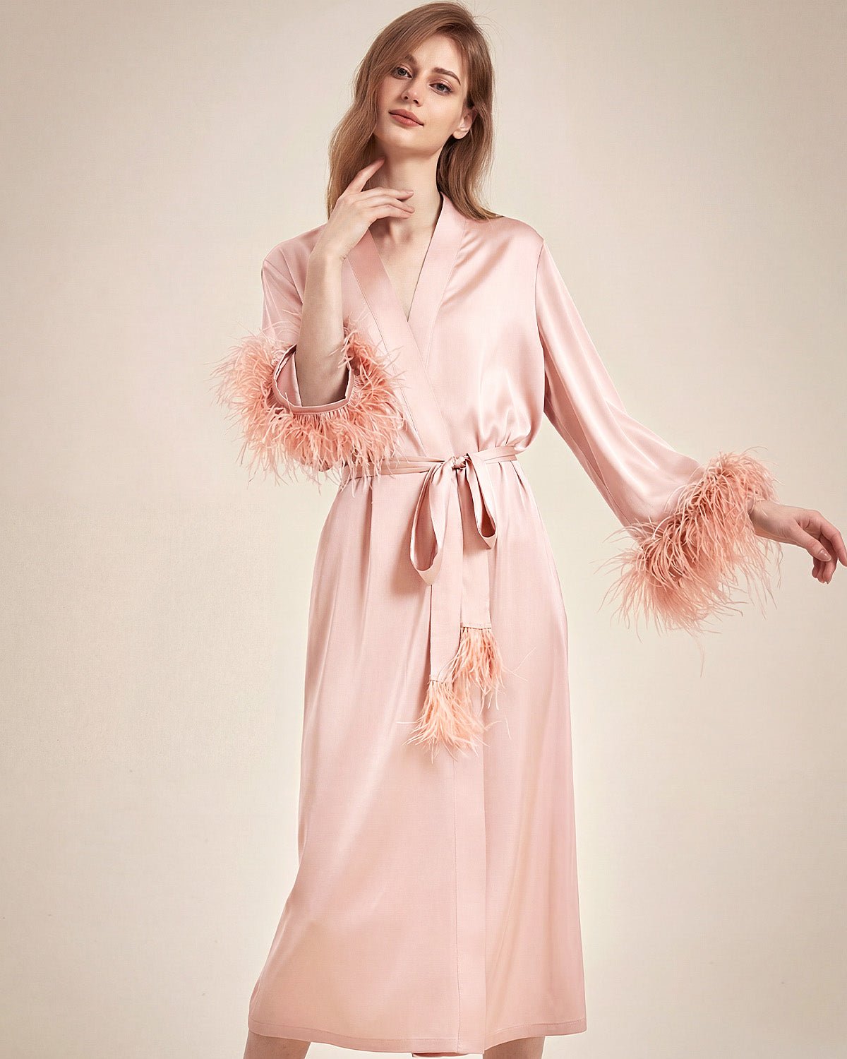 FEELITS PA15 Bridal Mulberry Silk Robe – Long Feather Trim Wedding Morning Robe - FEELITS