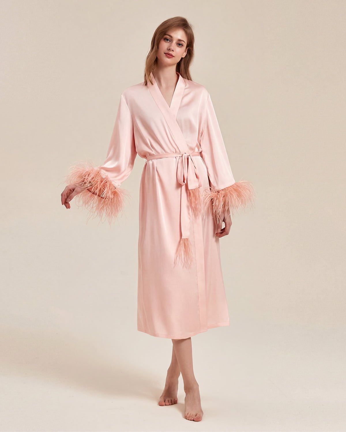 FEELITS PA15 Bridal Mulberry Silk Robe – Long Feather Trim Wedding Morning Robe - FEELITS