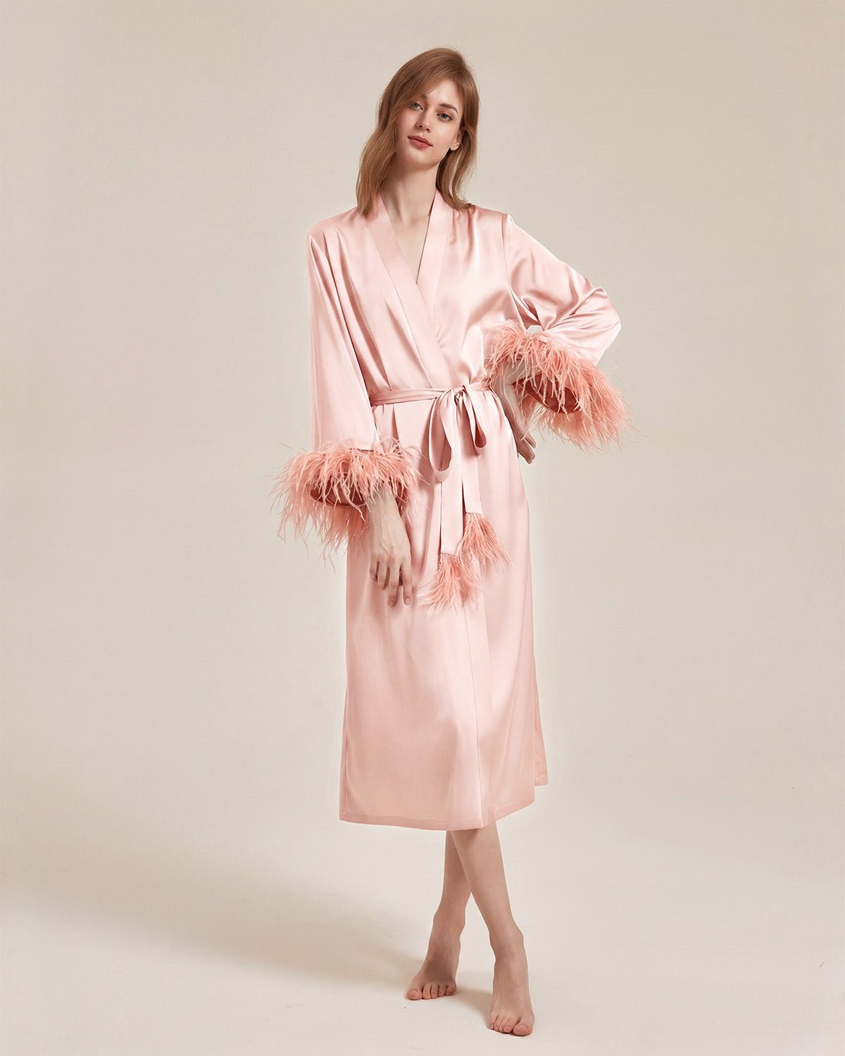 FEELITS PA15 Bridal Mulberry Silk Robe – Long Feather Trim Wedding Morning Robe - FEELITS