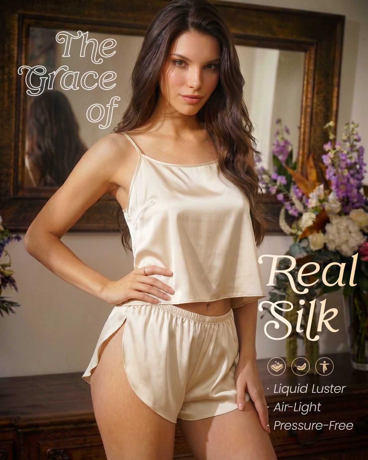 FEELITS PJ03 22 Momme Mulberry Silk Pajama Set - Split-Back Cami & High-Slit Shorts - FEELITS