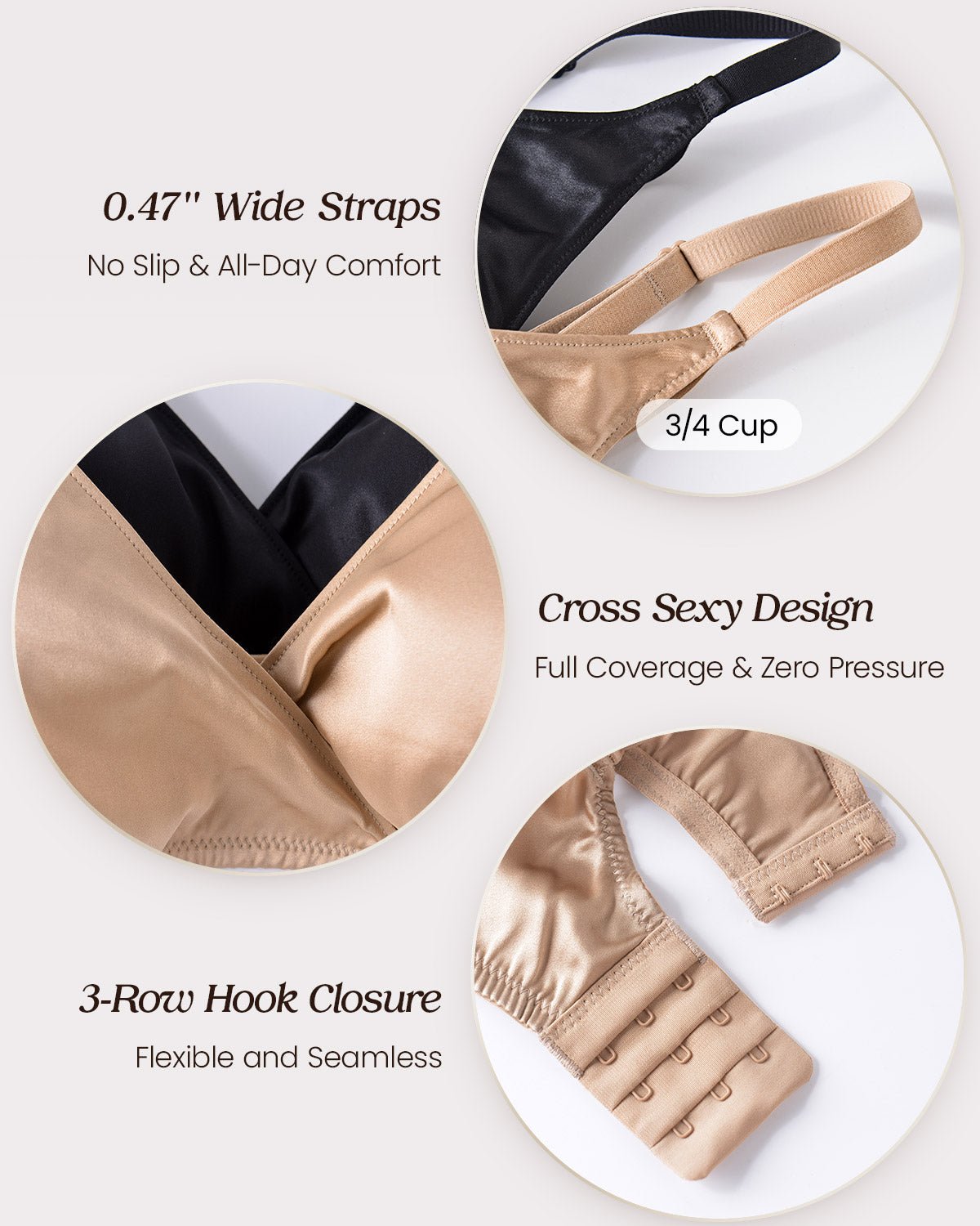 FEELITS Real Mulberry Silk Bralette, Wireless Push - Up 19 Momme Silk Satin Bra with Adjustable Straps - FEELITS