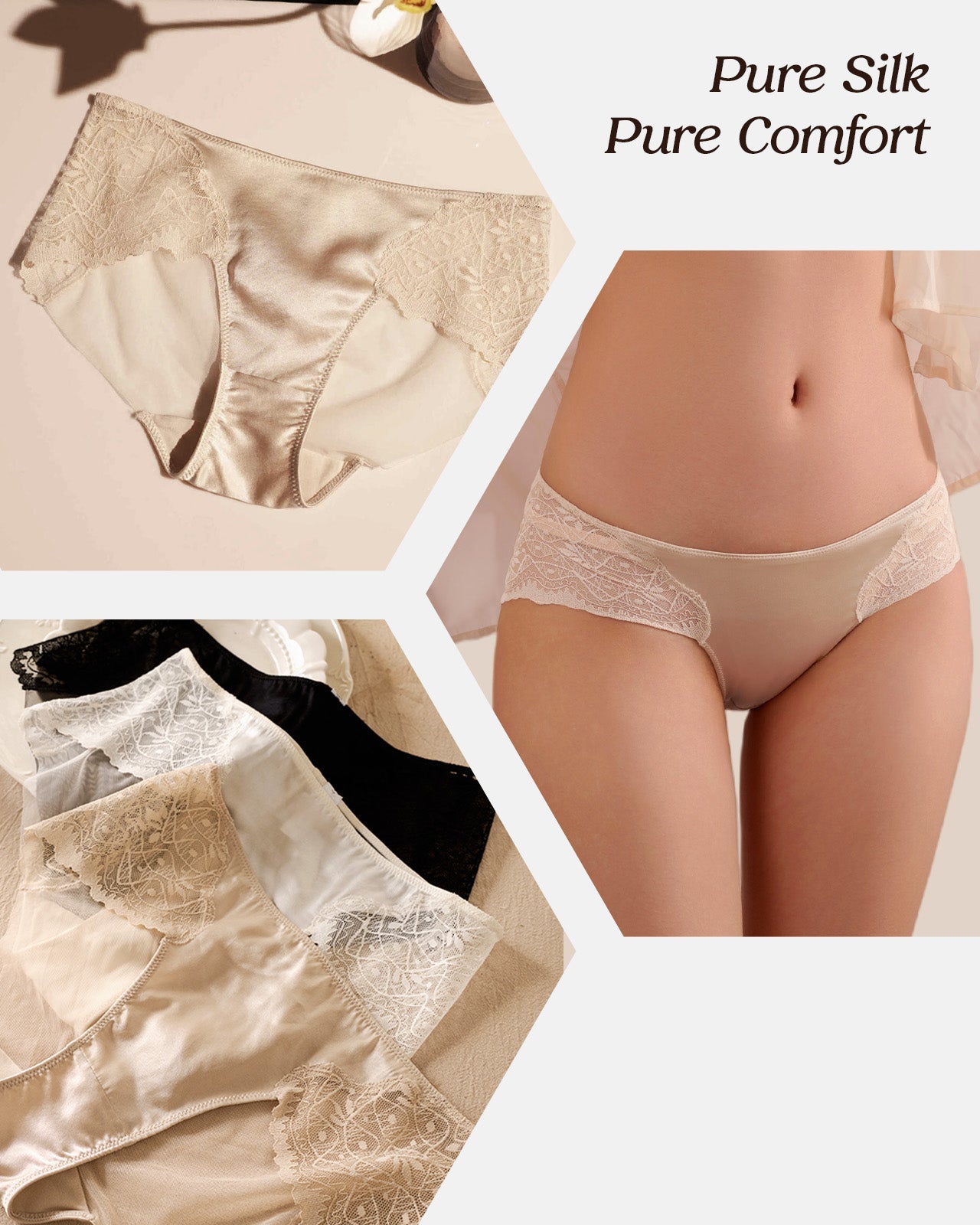 FEELITS Real Mulberry Silk Satin Underwear, Sexy Breathable Bikini Lace Silk Panties for Women - FEELITS