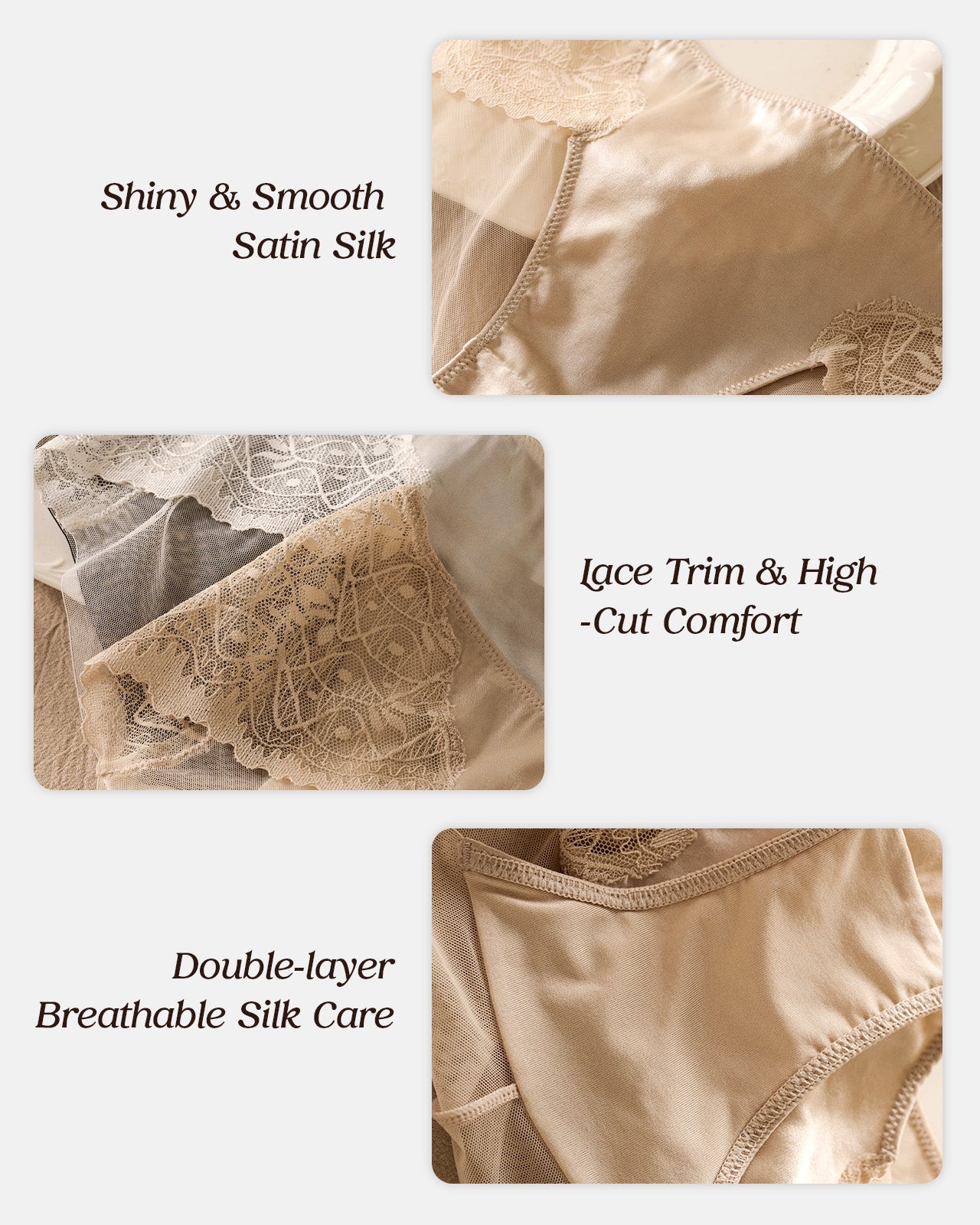 FEELITS Real Mulberry Silk Satin Underwear, Sexy Breathable Bikini Lace Silk Panties for Women - FEELITS