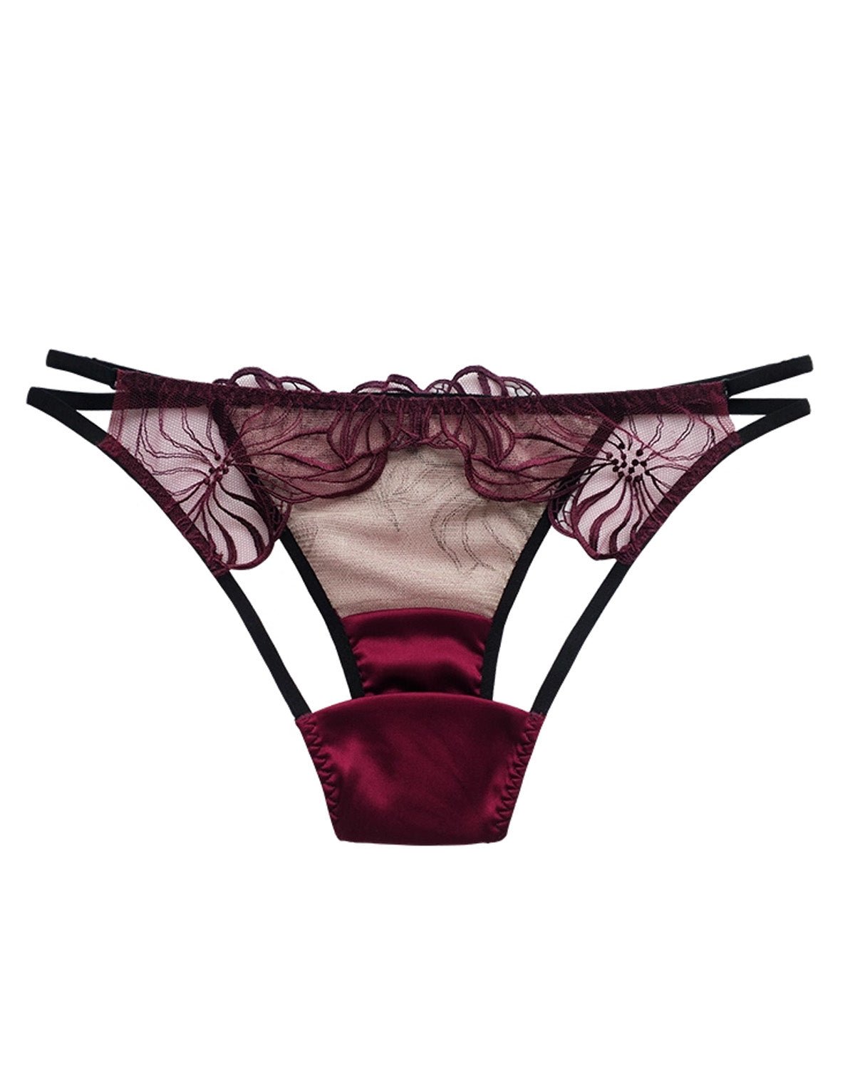 FEELITS Seduction Silk Embroidered Lace Low - Rise Thong Panties – Luxury Silk Lingerie for Women, Perfect for Honeymoon & Wedding - FEELITS