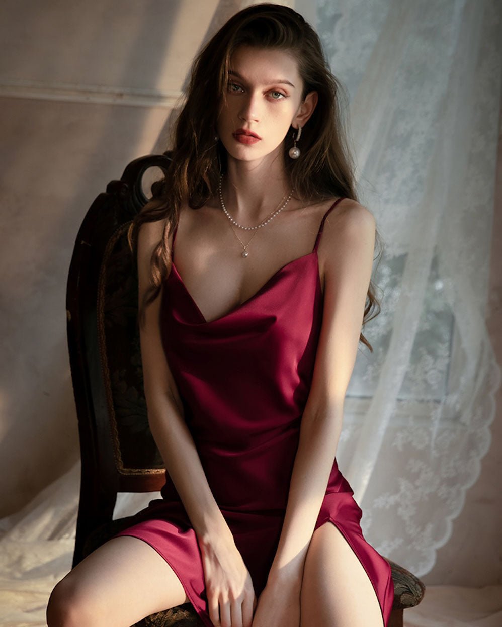 Feelits Silk Cowl Neck Slip Dress with Side Slit | Bridal - to - Be, Honeymoon & Elegant Nightwear - FEELITS