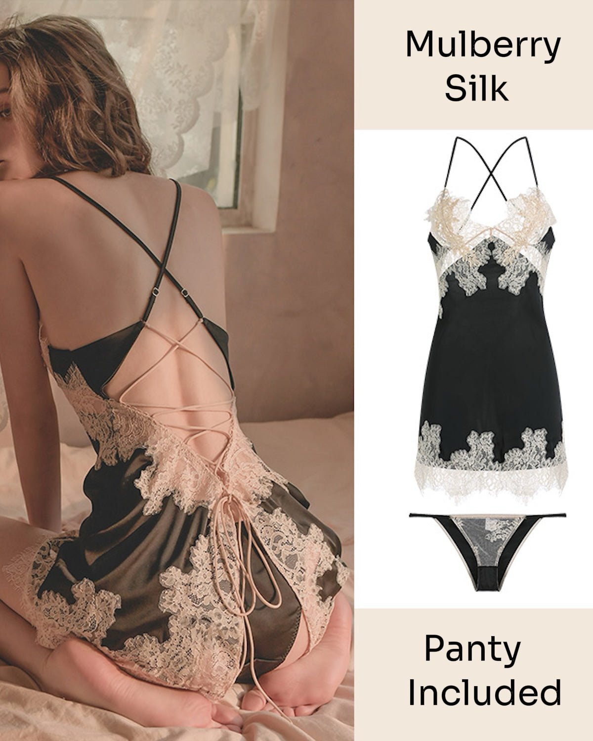 FEELITS Silk & Lace Backless Nightdress Set – Pure Mulberry Silk, Lingerie - Inspired Nightwear with Matching Panty - FEELITS