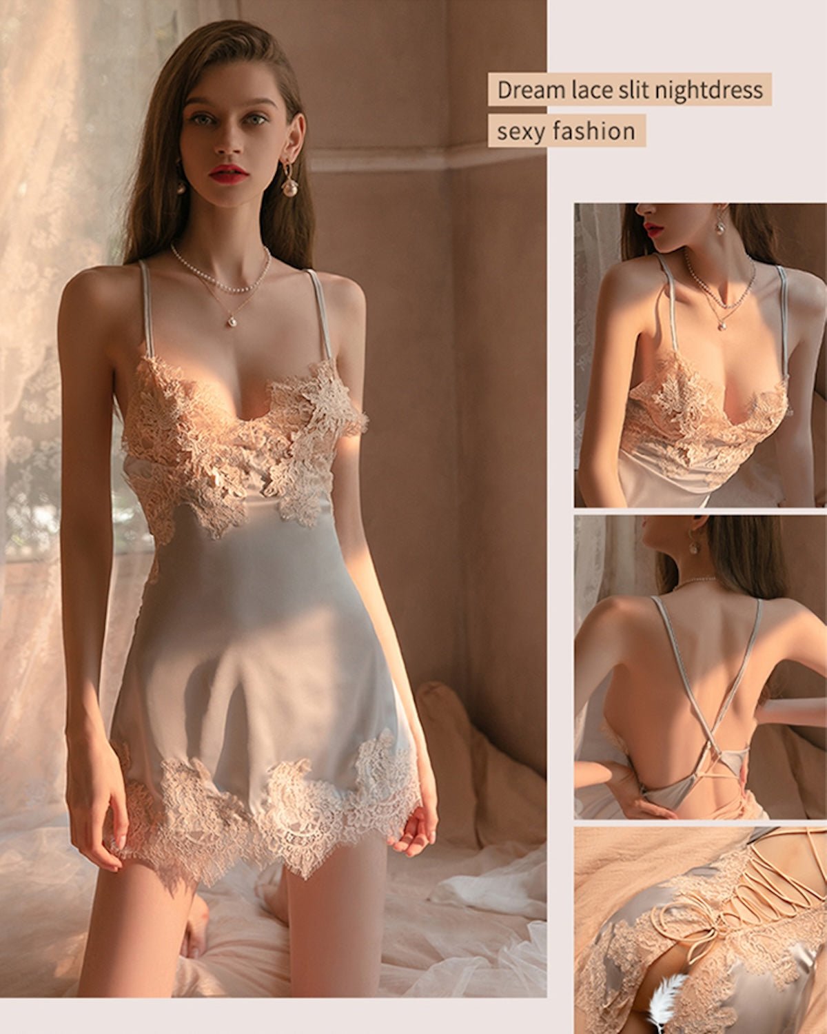 FEELITS Silk & Lace Backless Nightdress Set – Pure Mulberry Silk, Lingerie - Inspired Nightwear with Matching Panty - FEELITS