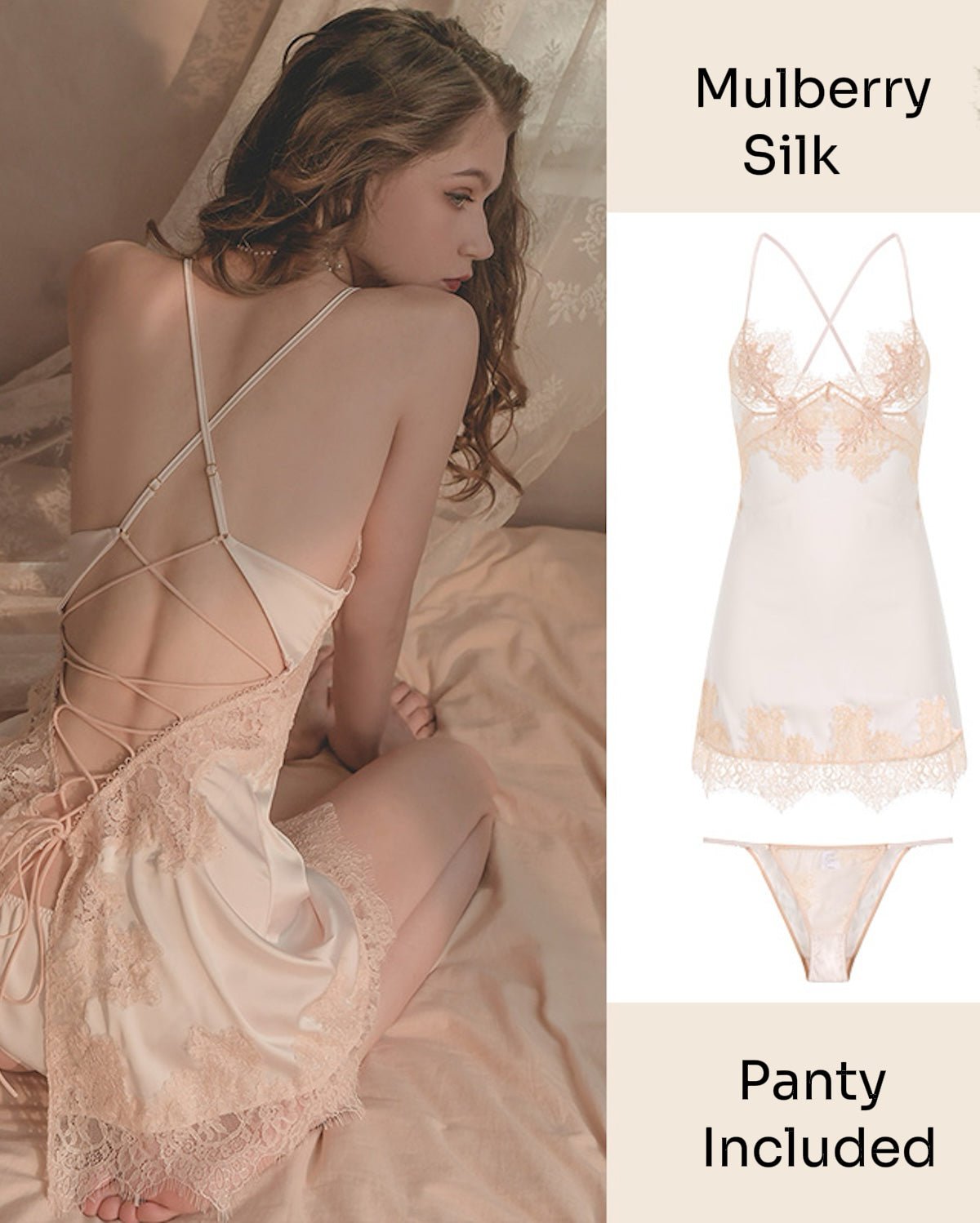 FEELITS Silk & Lace Backless Nightdress Set – Pure Mulberry Silk, Lingerie - Inspired Nightwear with Matching Panty - FEELITS