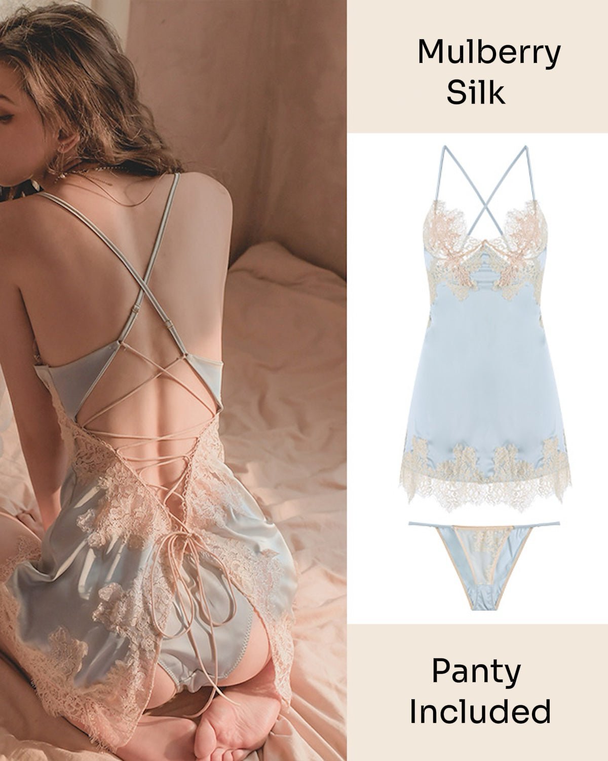 FEELITS Silk & Lace Backless Nightdress Set – Pure Mulberry Silk, Lingerie - Inspired Nightwear with Matching Panty - FEELITS