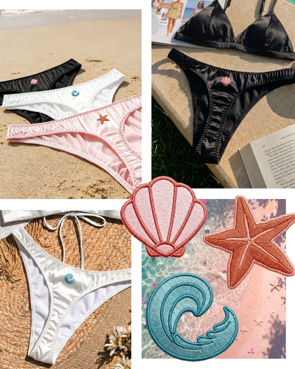 FEELITS SPA34 Embroidered Silk Low - Rise T - Back Thong Panties – 100% Mulberry Silk, Ocean - Inspired Motifs - FEELITS