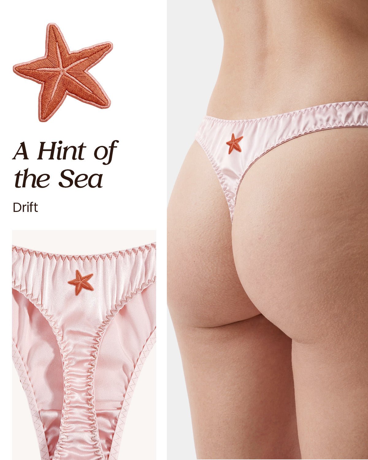 FEELITS SPA34 Embroidered Silk Low - Rise T - Back Thong Panties – 100% Mulberry Silk, Ocean - Inspired Motifs - FEELITS