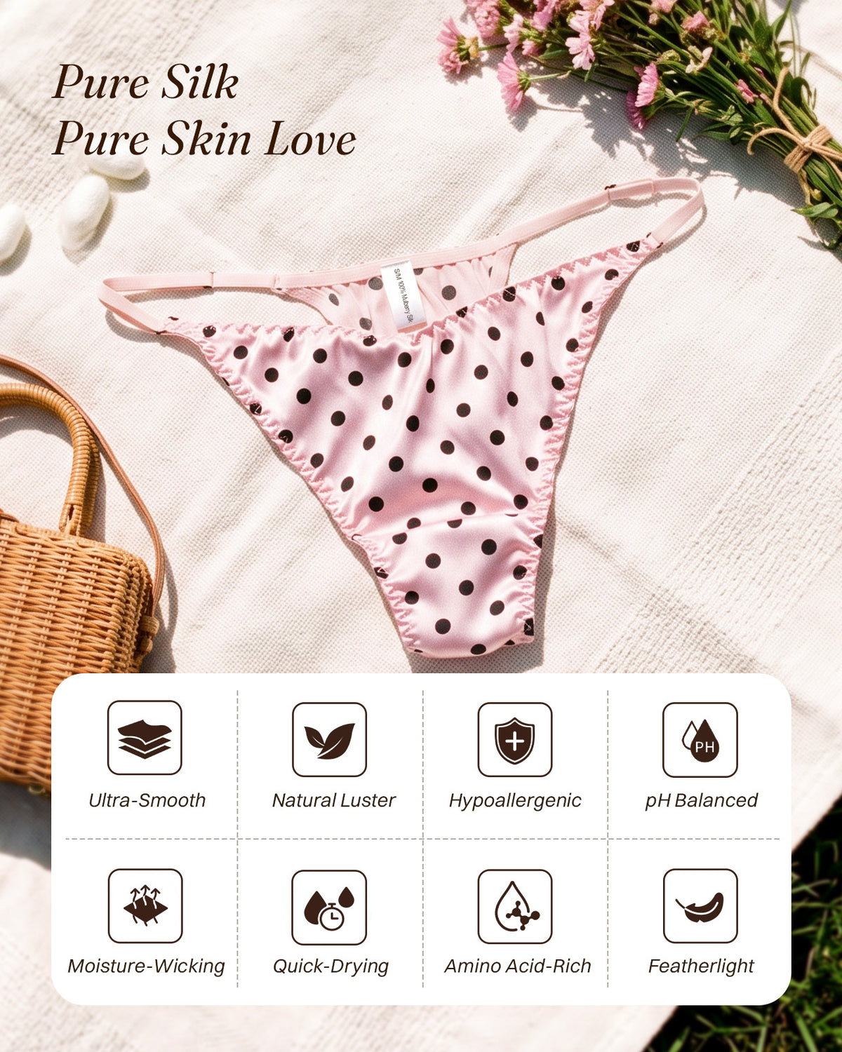 FEELITS THP01 blush polka dot V-front silk thong — benefits