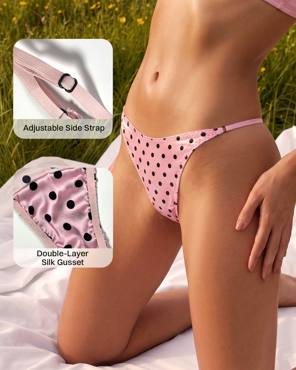 FEELITS THP01 blush polka dot V-front silk thong — details