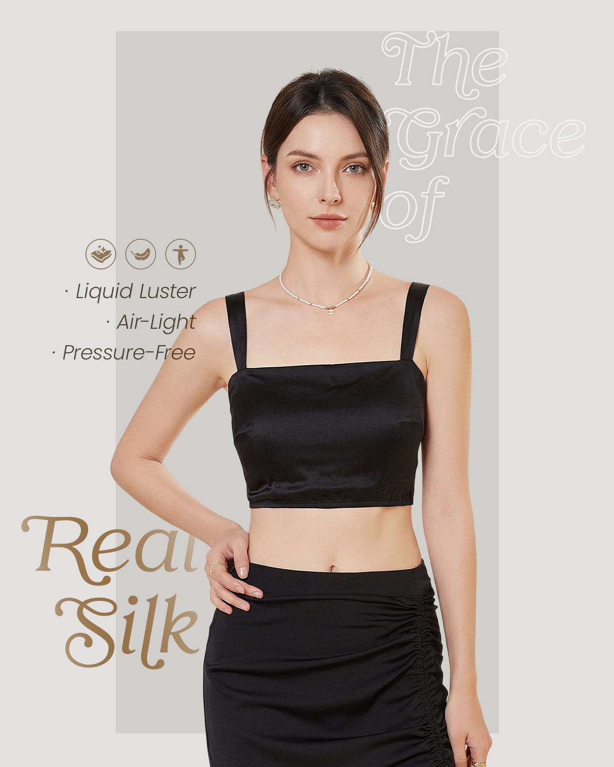 FEELITS TK06 22 Momme Mulberry Silk Crop Top – Square Neck Cami with Built-In Pads & Shirred Back - FEELITS