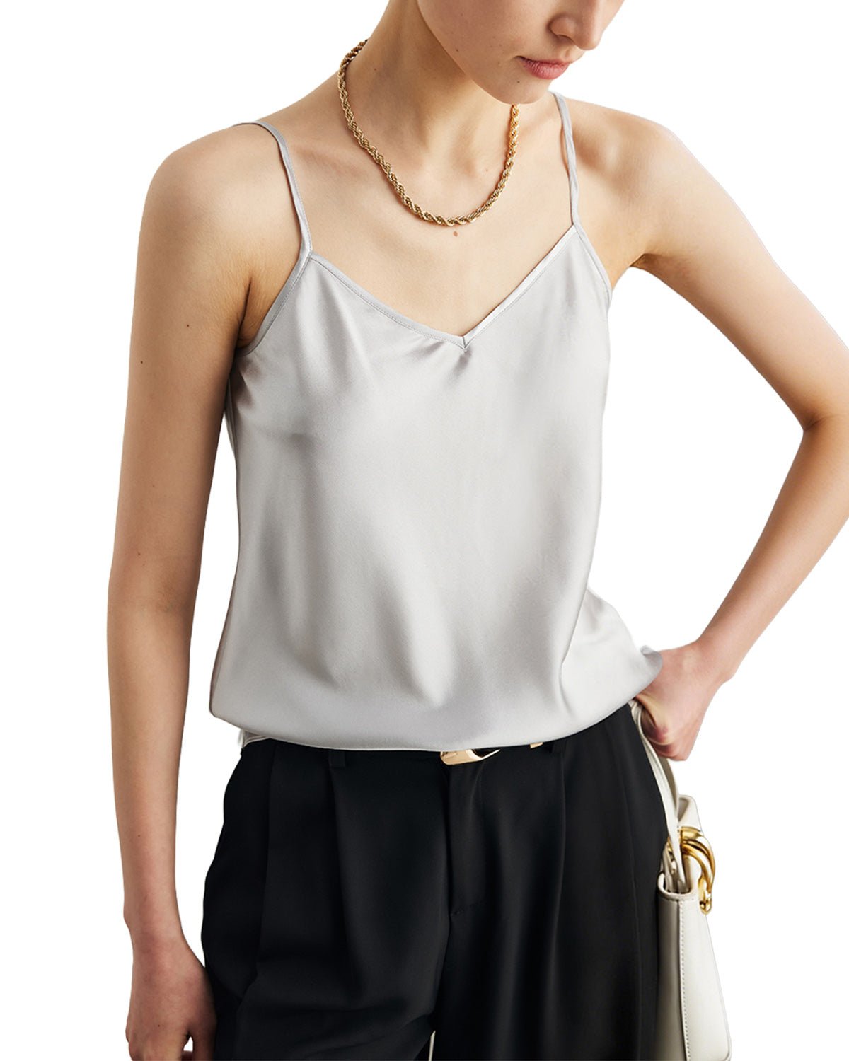 FEELITS TK08 22 Momme Mulberry Silk Crop Top – V-Neck Camisole with Adjustable Spaghetti Straps - FEELITS
