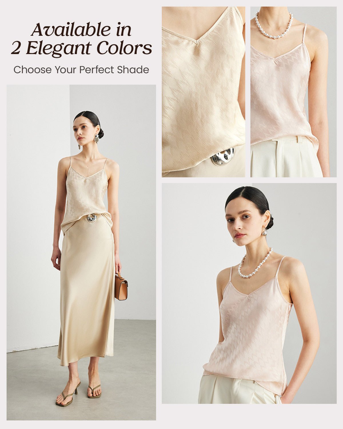 FEELITS TK09 22 Momme Jacquard Mulberry Silk Cami – V-Neck Tank Top with Adjustable Straps - FEELITS