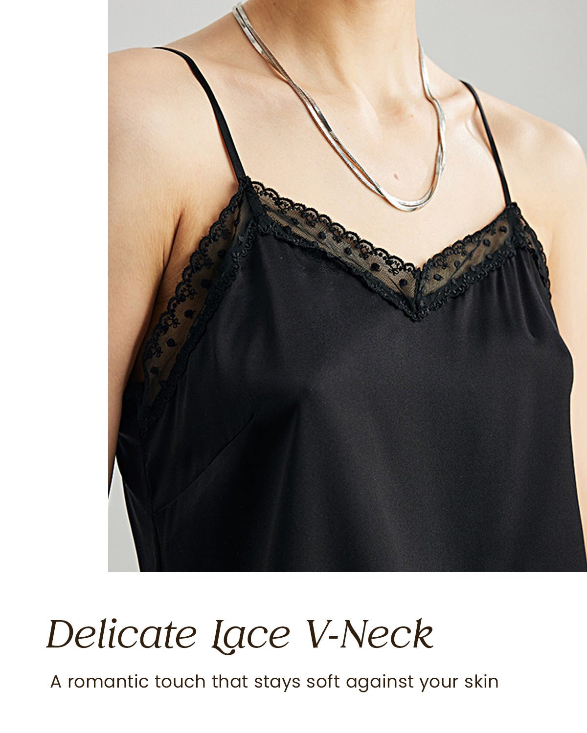 FEELITS TK10 22 Momme Mulberry Silk Crop Cami – Lace V-Neck Tank with Adjustable Spaghetti Straps - FEELITS