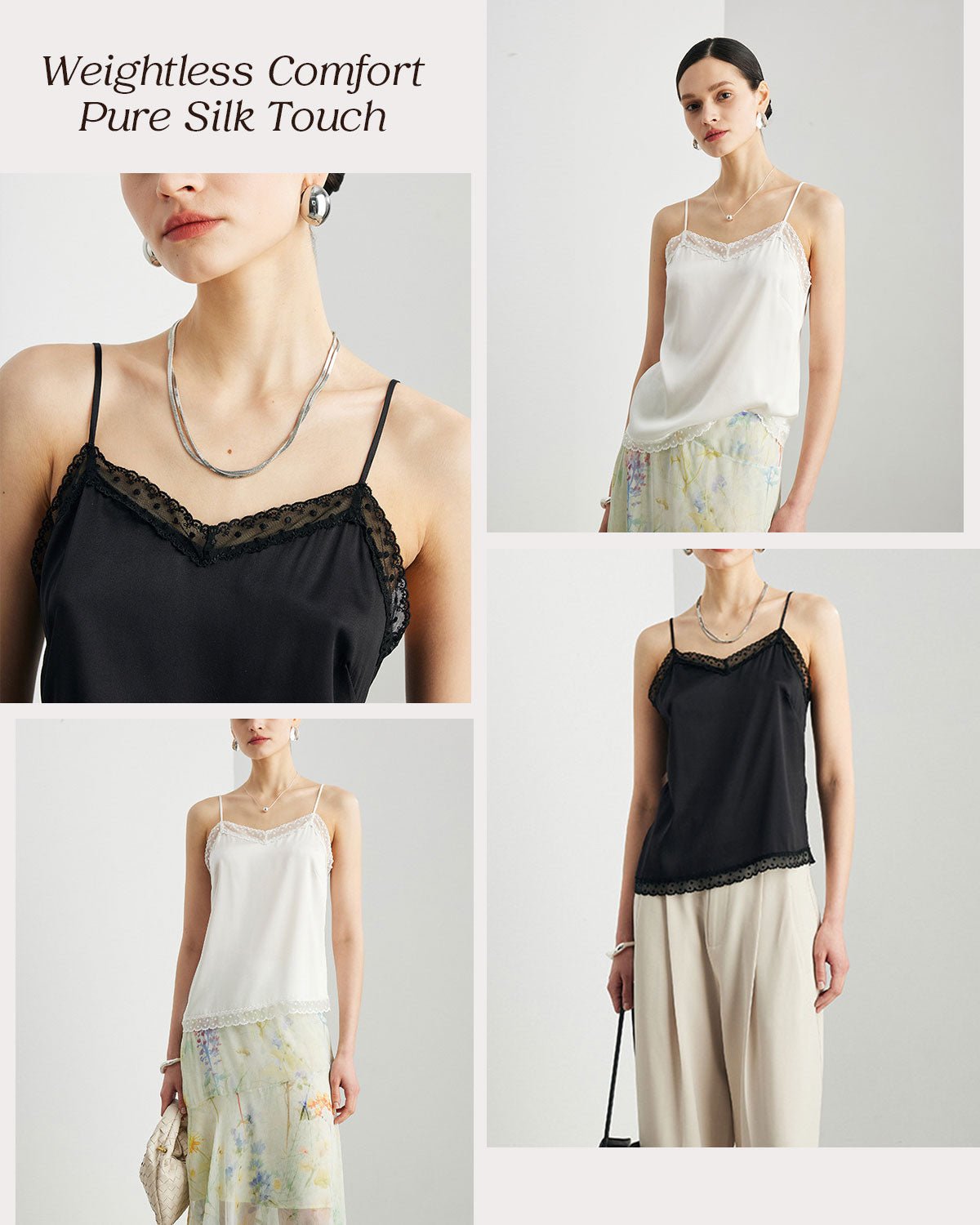 FEELITS TK10 22 Momme Mulberry Silk Crop Cami – Lace V-Neck Tank with Adjustable Spaghetti Straps - FEELITS