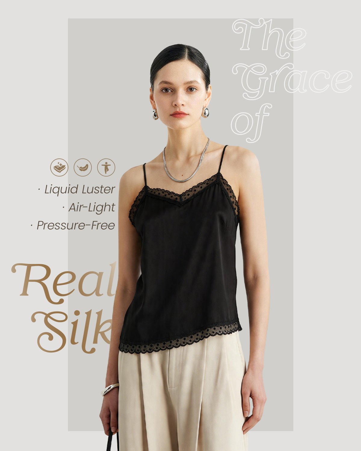 FEELITS TK10 22 Momme Mulberry Silk Crop Cami – Lace V-Neck Tank with Adjustable Spaghetti Straps - FEELITS