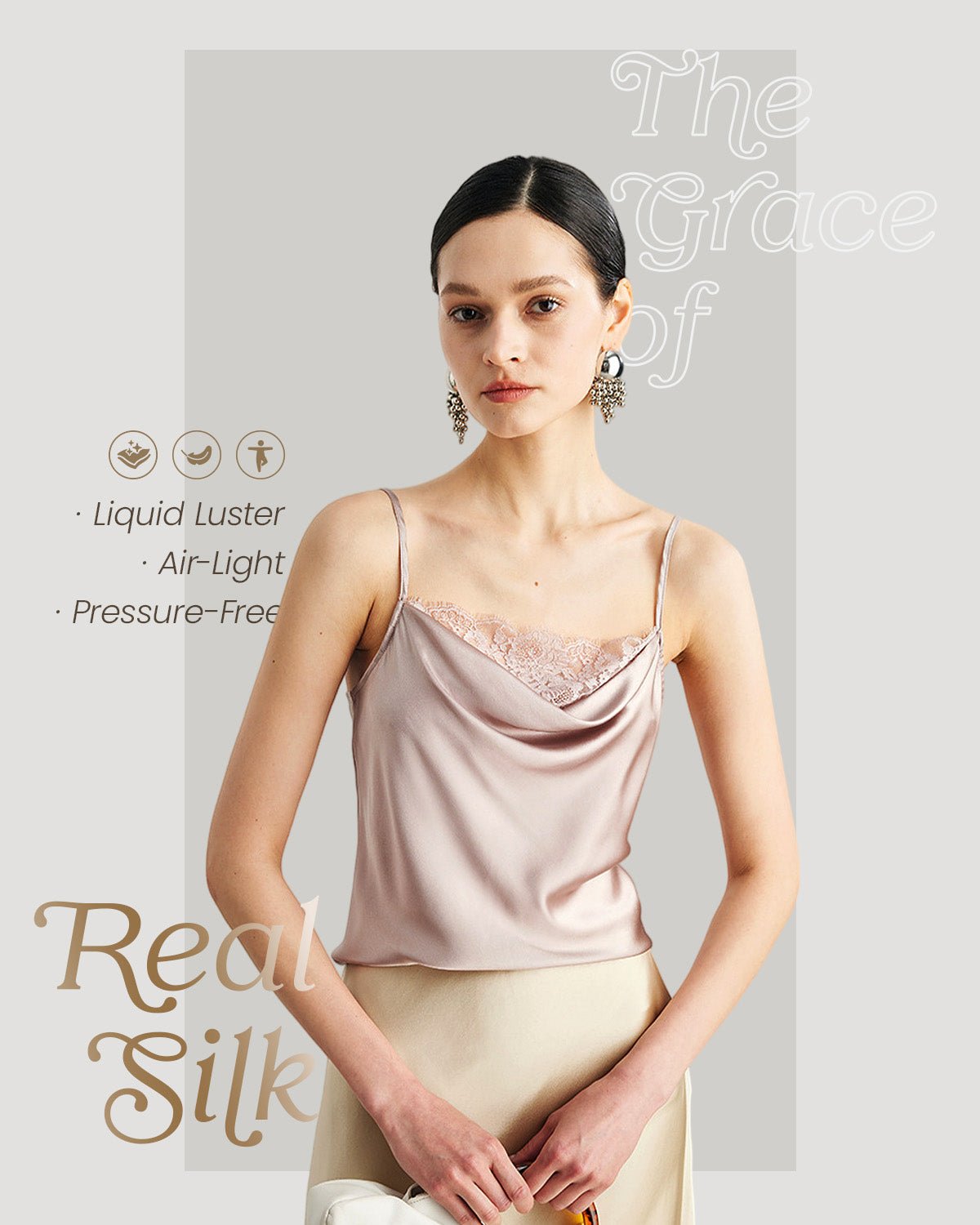 FEELITS TK11 22 Momme Mulberry Silk Cami – Cowl Neck Lace-Trim Tank with Adjustable Spaghetti Straps - FEELITS