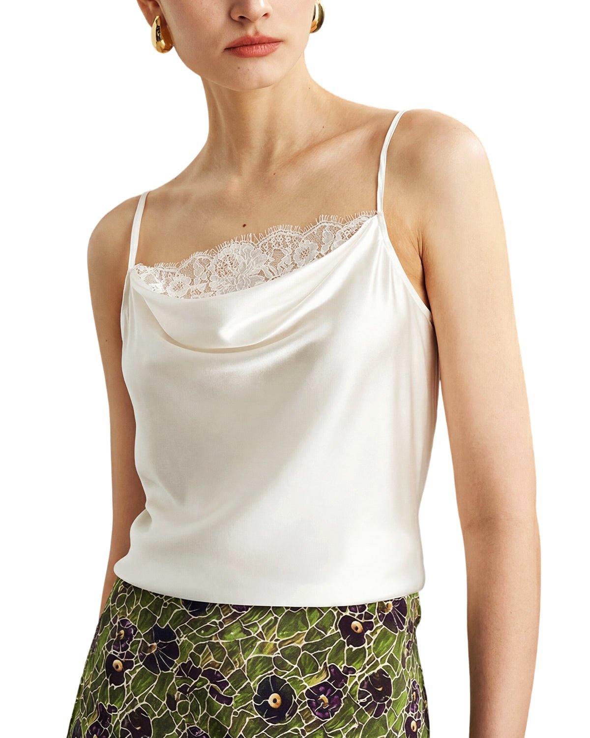 FEELITS TK11 22 Momme Mulberry Silk Cami – Cowl Neck Lace-Trim Tank with Adjustable Spaghetti Straps - FEELITS