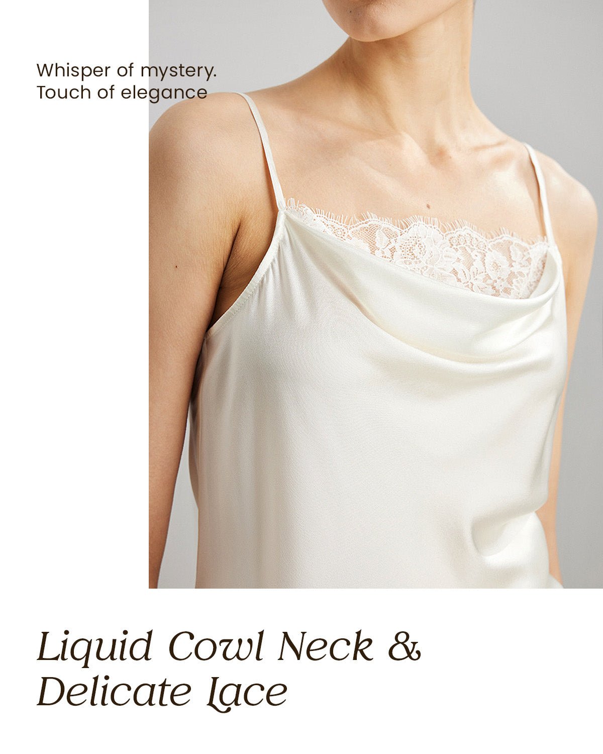 FEELITS TK11 22 Momme Mulberry Silk Cami – Cowl Neck Lace-Trim Tank with Adjustable Spaghetti Straps - FEELITS