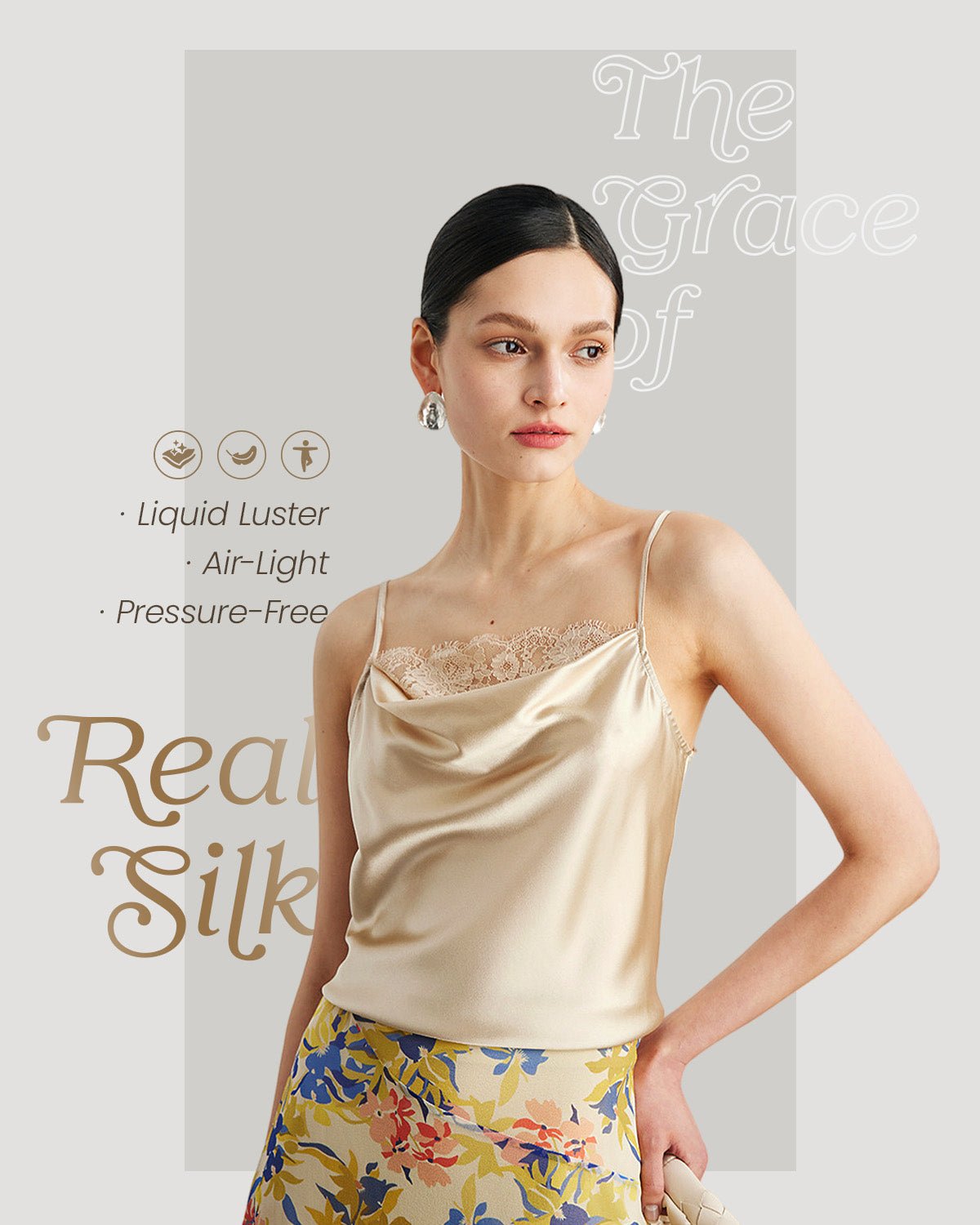 FEELITS TK11 22 Momme Mulberry Silk Cami – Cowl Neck Lace-Trim Tank with Adjustable Spaghetti Straps - FEELITS
