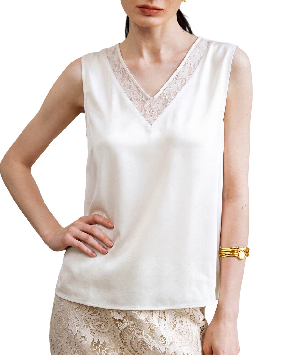FEELITS TK20 22 Momme Silk Lace Cutout V-Neck Tank Top - FEELITS