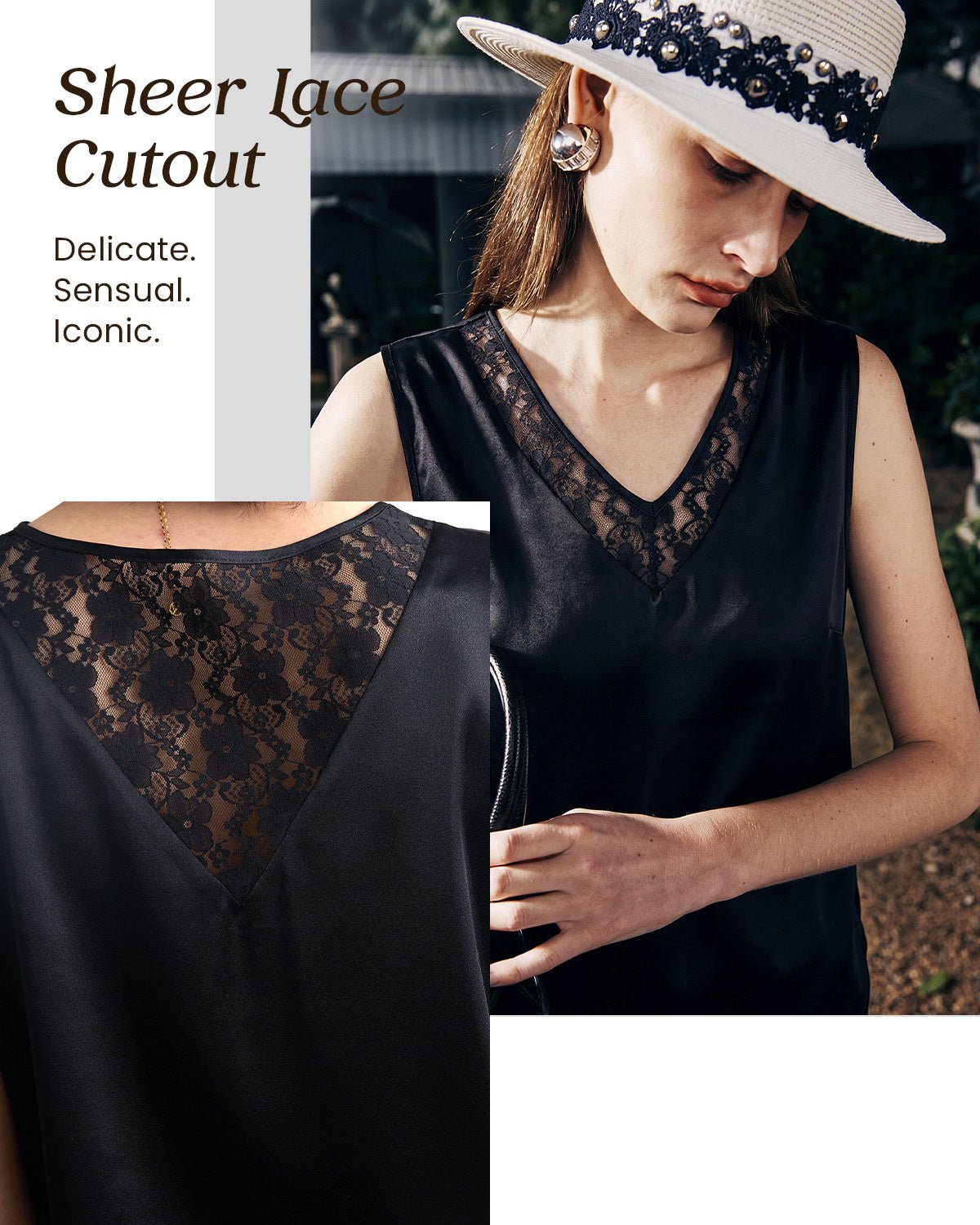 FEELITS TK20 22 Momme Silk Lace Cutout V-Neck Tank Top - FEELITS