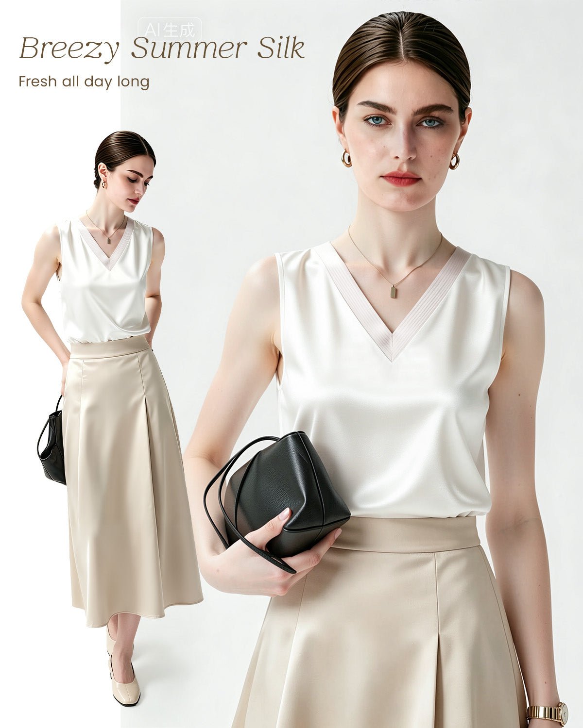 FEELITS TK21 22 Momme Silk V-Neck Tank Top - 100% Mulberry Silk, Loose Fit & Breathable - FEELITS