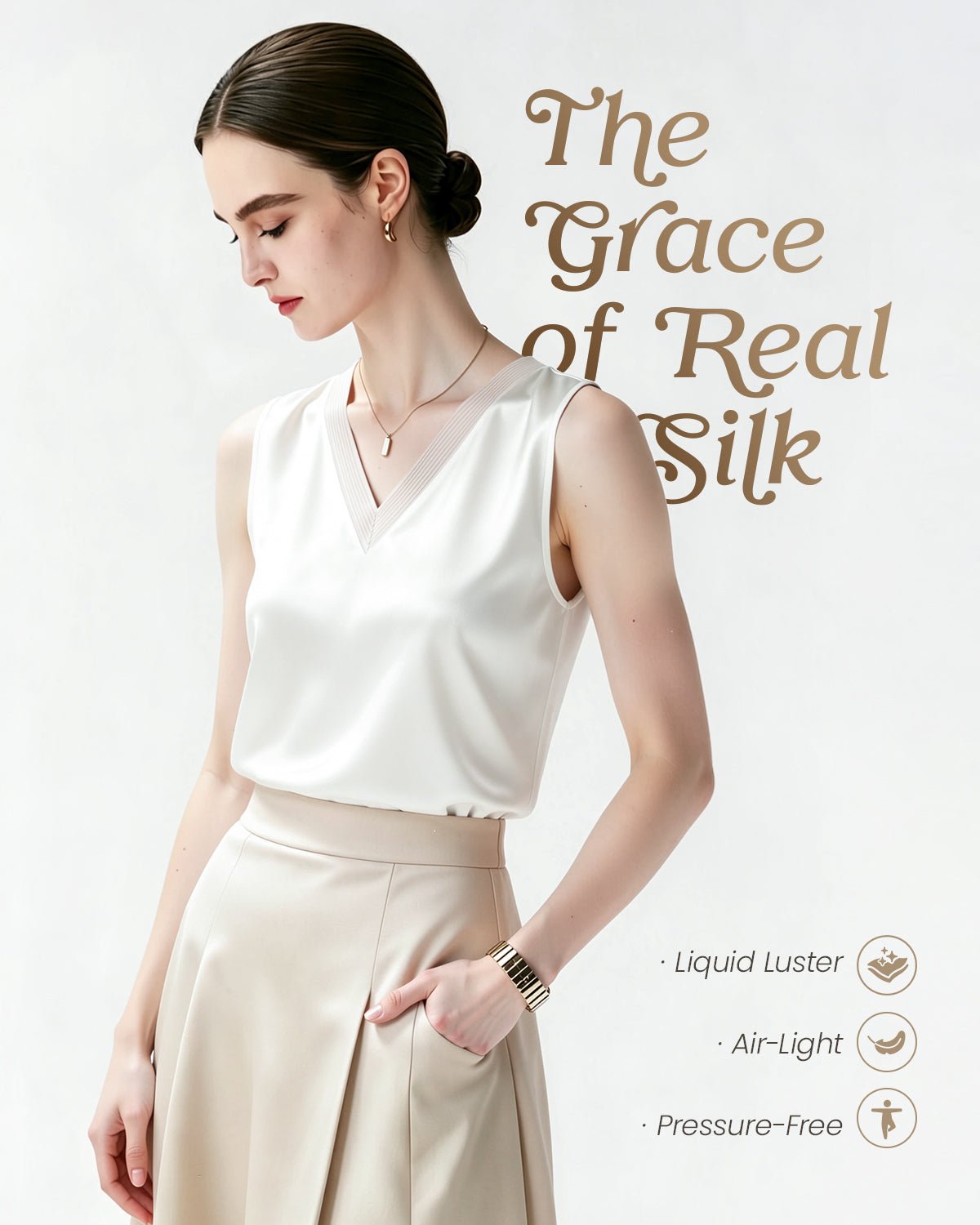 FEELITS TK21 22 Momme Silk V-Neck Tank Top - 100% Mulberry Silk, Loose Fit & Breathable - FEELITS
