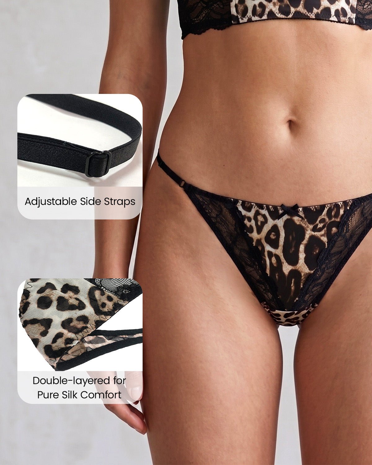FEELITS YF04 Leopard Lace Silk T-Back Panties - 100% Mulberry Silk, Adjustable Straps - FEELITS