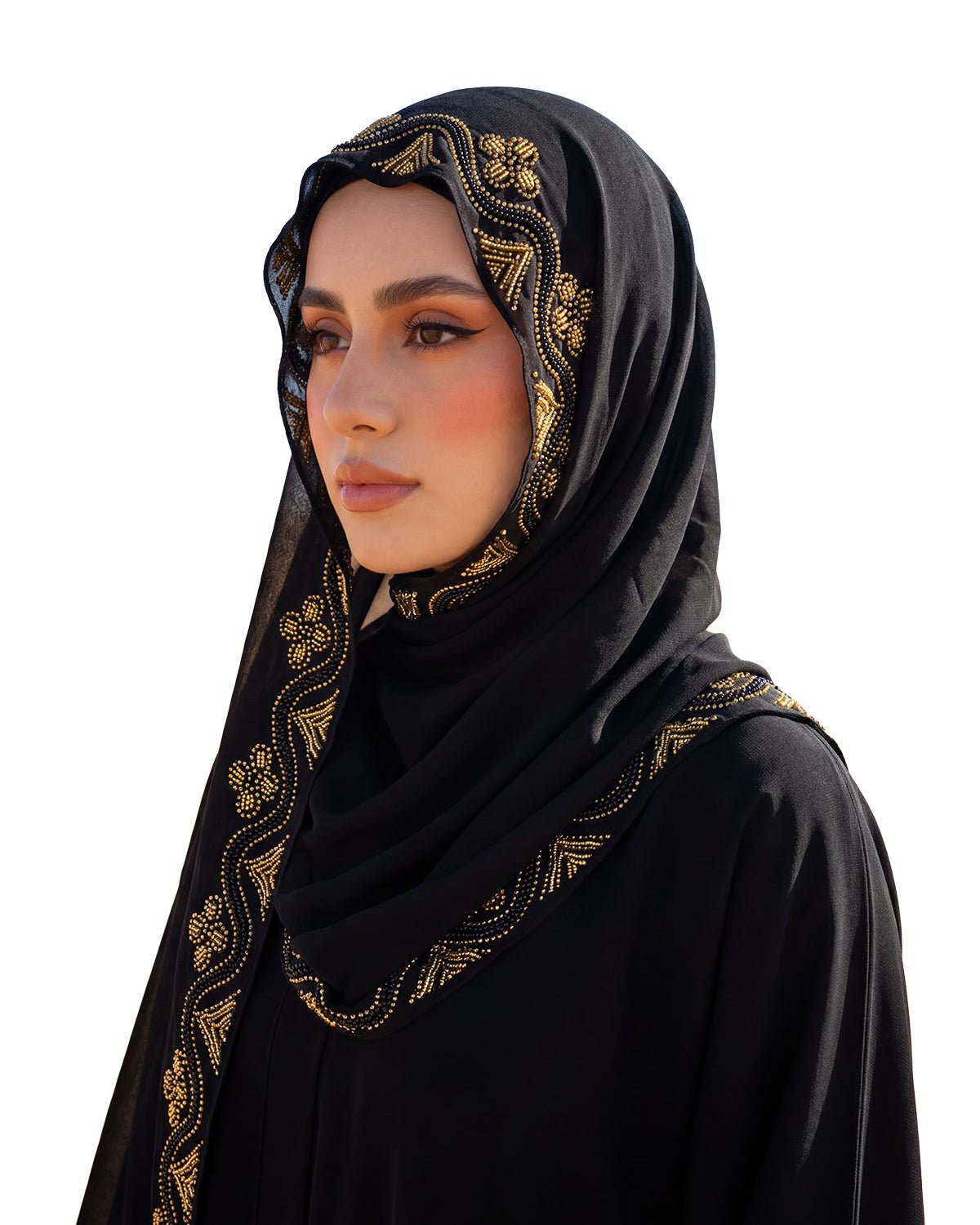 FEELITS TJ04 Gold Embroidered Black Hijab – Arabic Style Modest Scarf - FEELITS