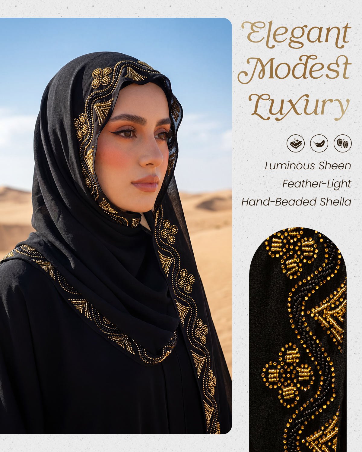 FEELITS TJ04 Gold Embroidered Black Hijab – Arabic Style Modest Scarf - FEELITS