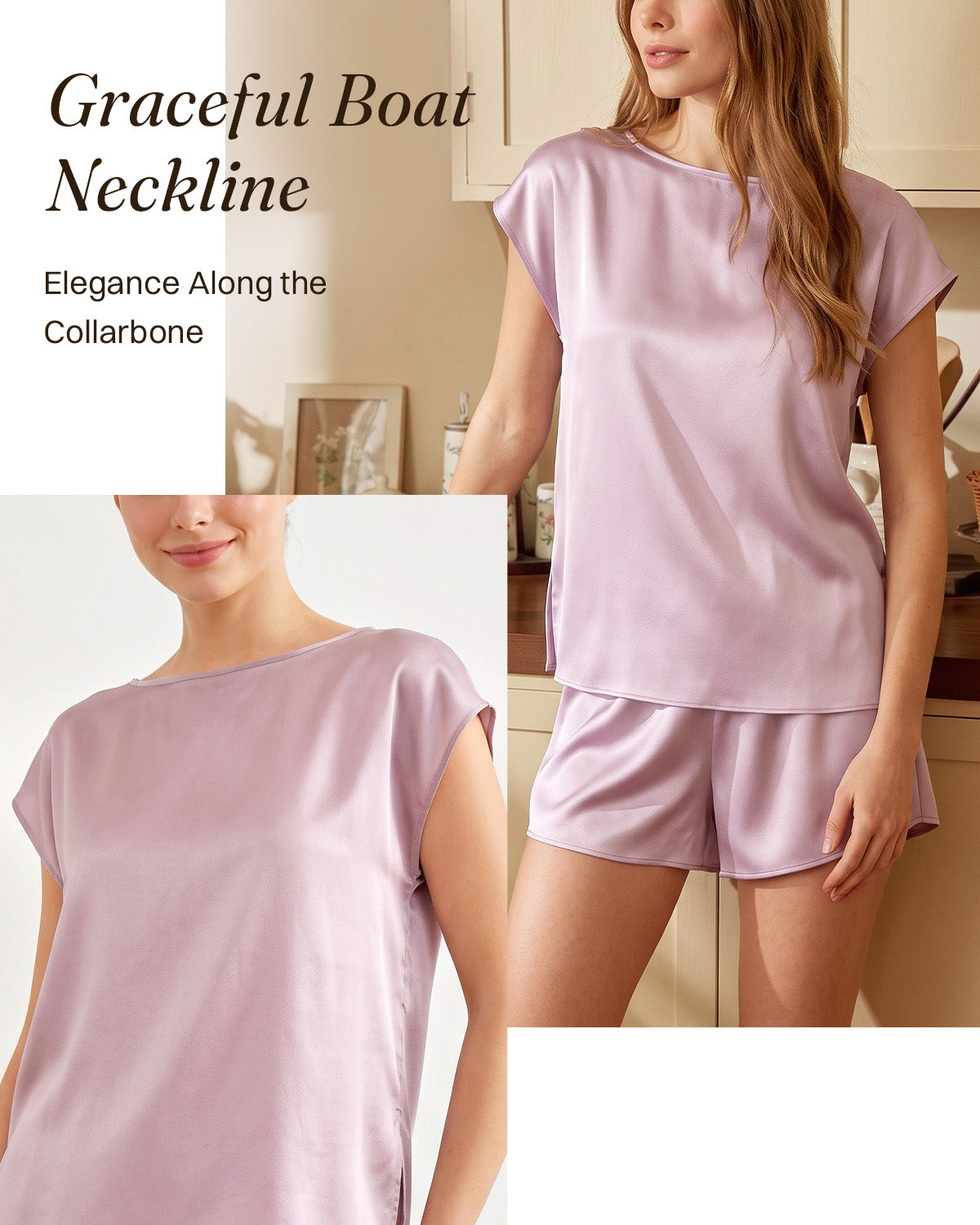 FEELITS PJ05 Pyjama femme en soie de mûrier – Ultra-doux, col bateau & manches courtes drapées