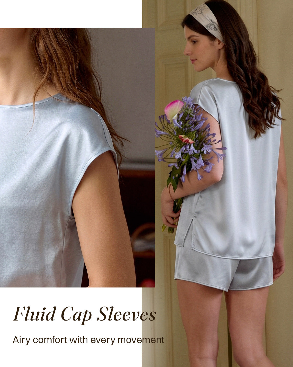 FEELITS PJ05 Pyjama femme en soie de mûrier – Ultra-doux, col bateau & manches courtes drapées