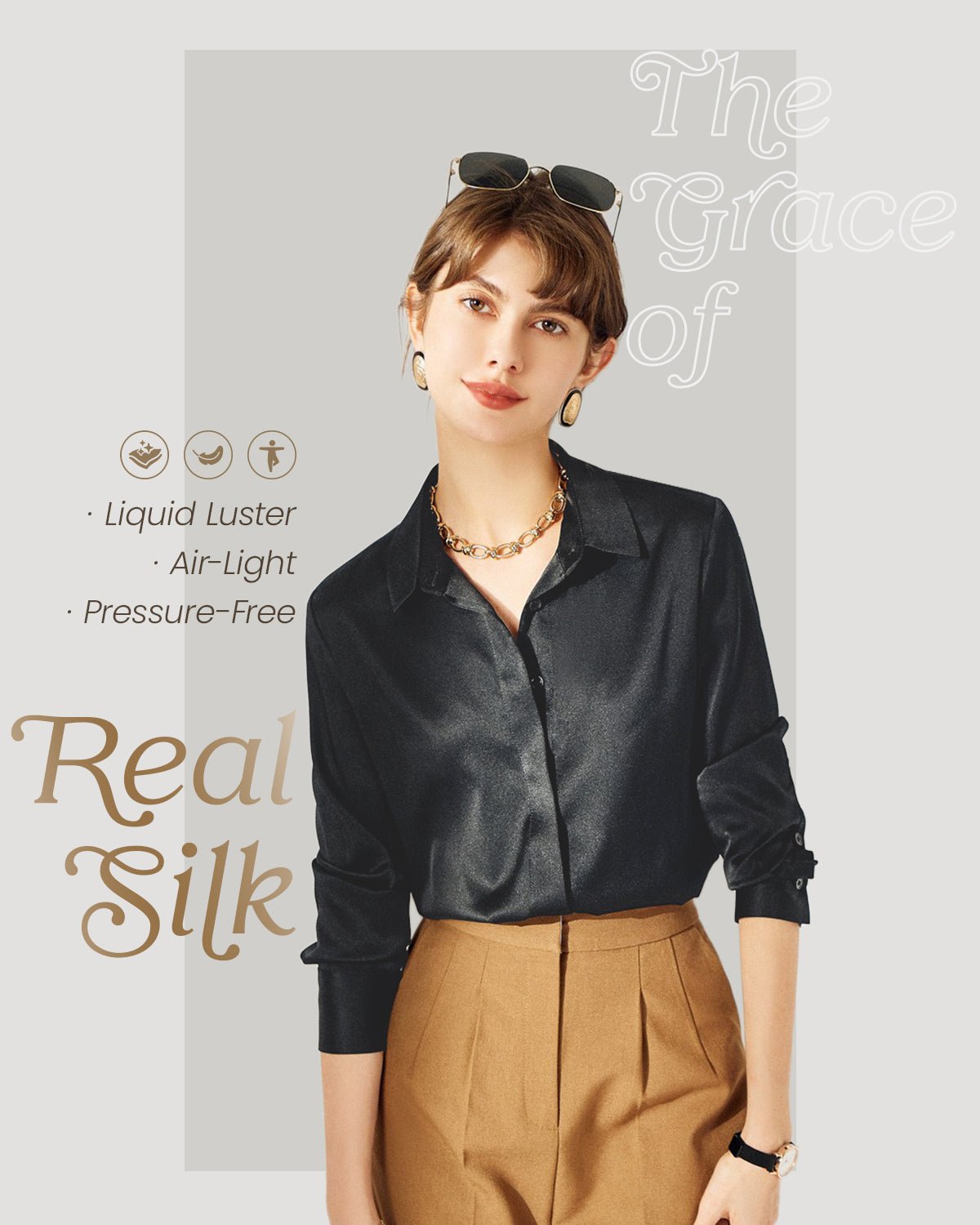 Womens 100% Mulberry Silk Blouse, 22 Momme Silk Collared Neck Long Sleeve Button Down Shirts, Elegant Casual Work Top - FEELITS