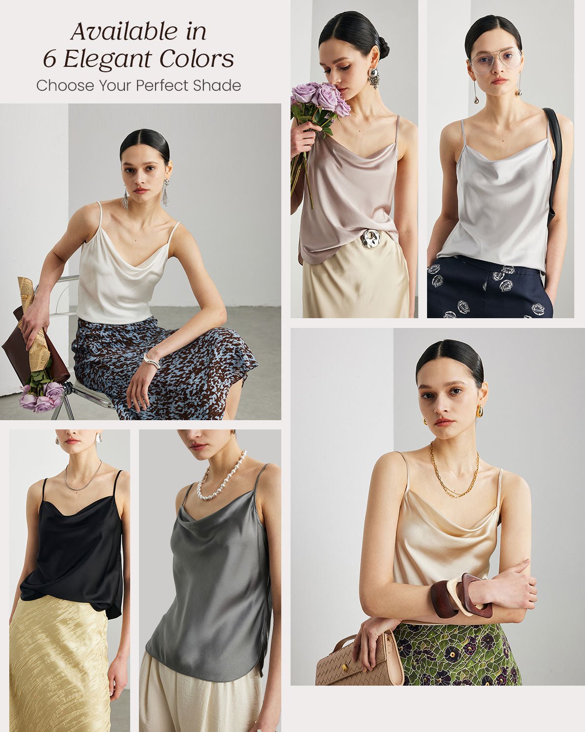 Womens 100% Mulberry Silk Tank Top, 22 Momme, Cowl Neck with Adjustable Spaghetti Straps, Loose Fit Casual Flowy Cami - FEELITS