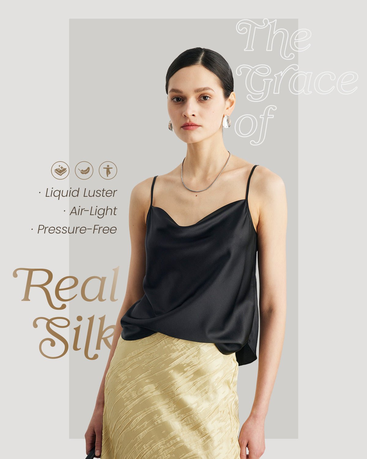 Womens 100% Mulberry Silk Tank Top, 22 Momme, Cowl Neck with Adjustable Spaghetti Straps, Loose Fit Casual Flowy Cami - FEELITS