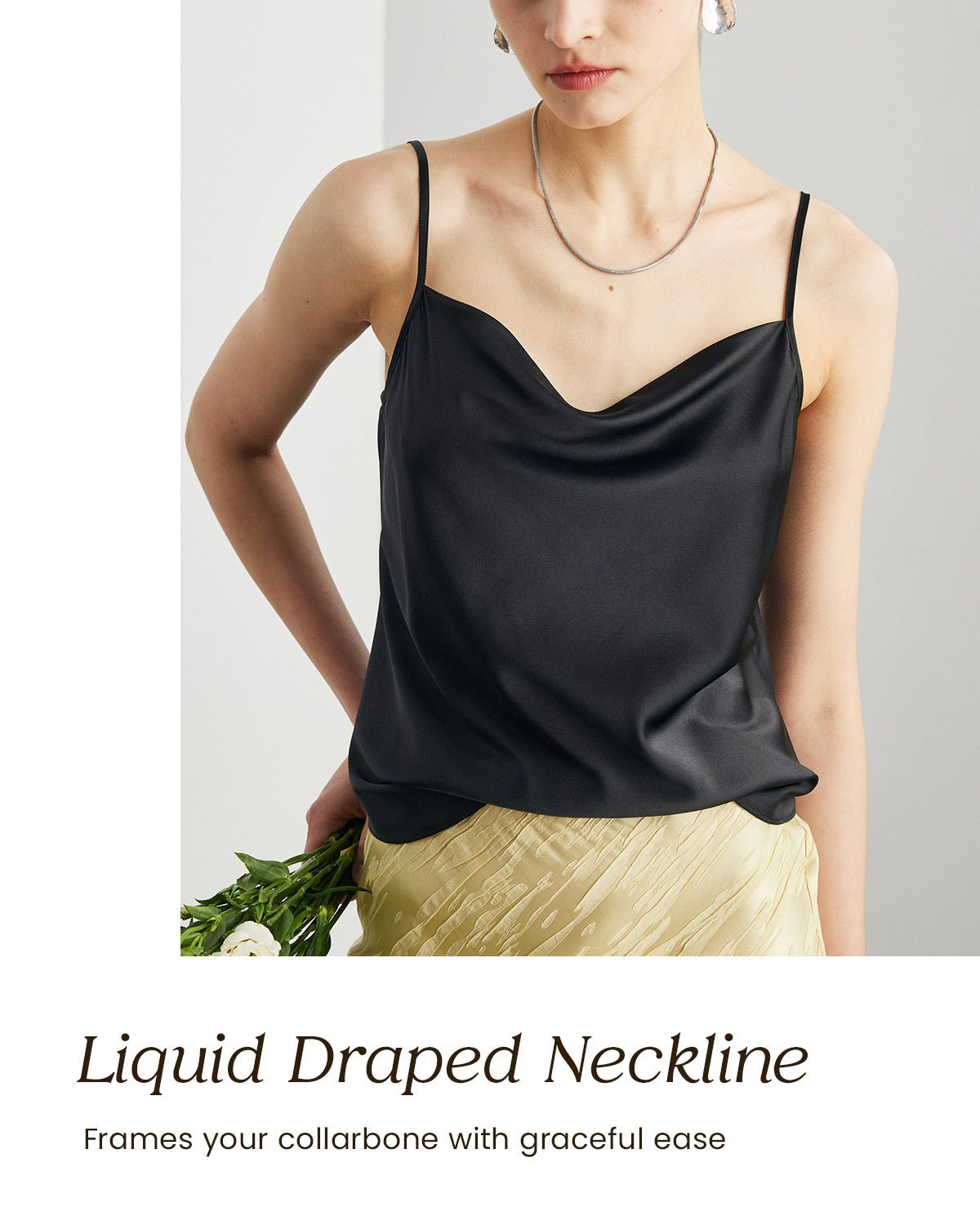 Womens 100% Mulberry Silk Tank Top, 22 Momme, Cowl Neck with Adjustable Spaghetti Straps, Loose Fit Casual Flowy Cami - FEELITS