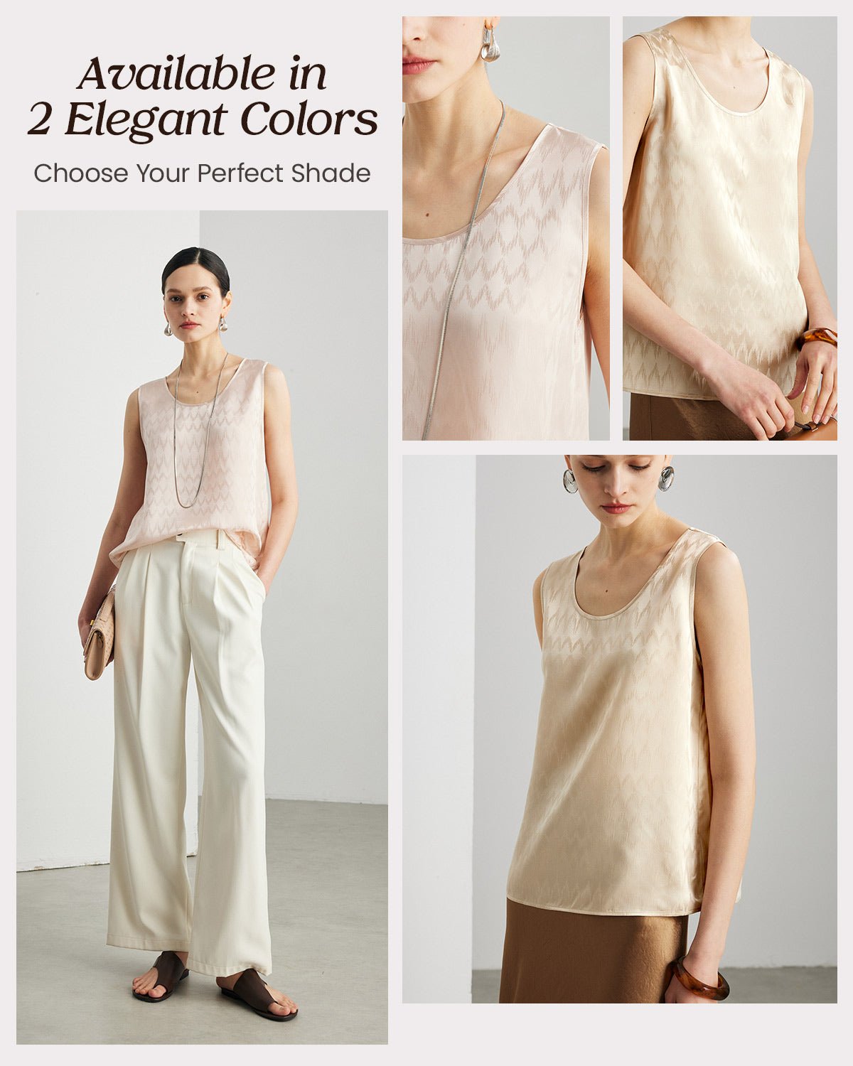 Womens 100% Mulberry Silk Tank Top - 22 Momme Silk with Jacquard Design, Loose Fit Casual Flowy Sleeveless Top Outfit - FEELITS