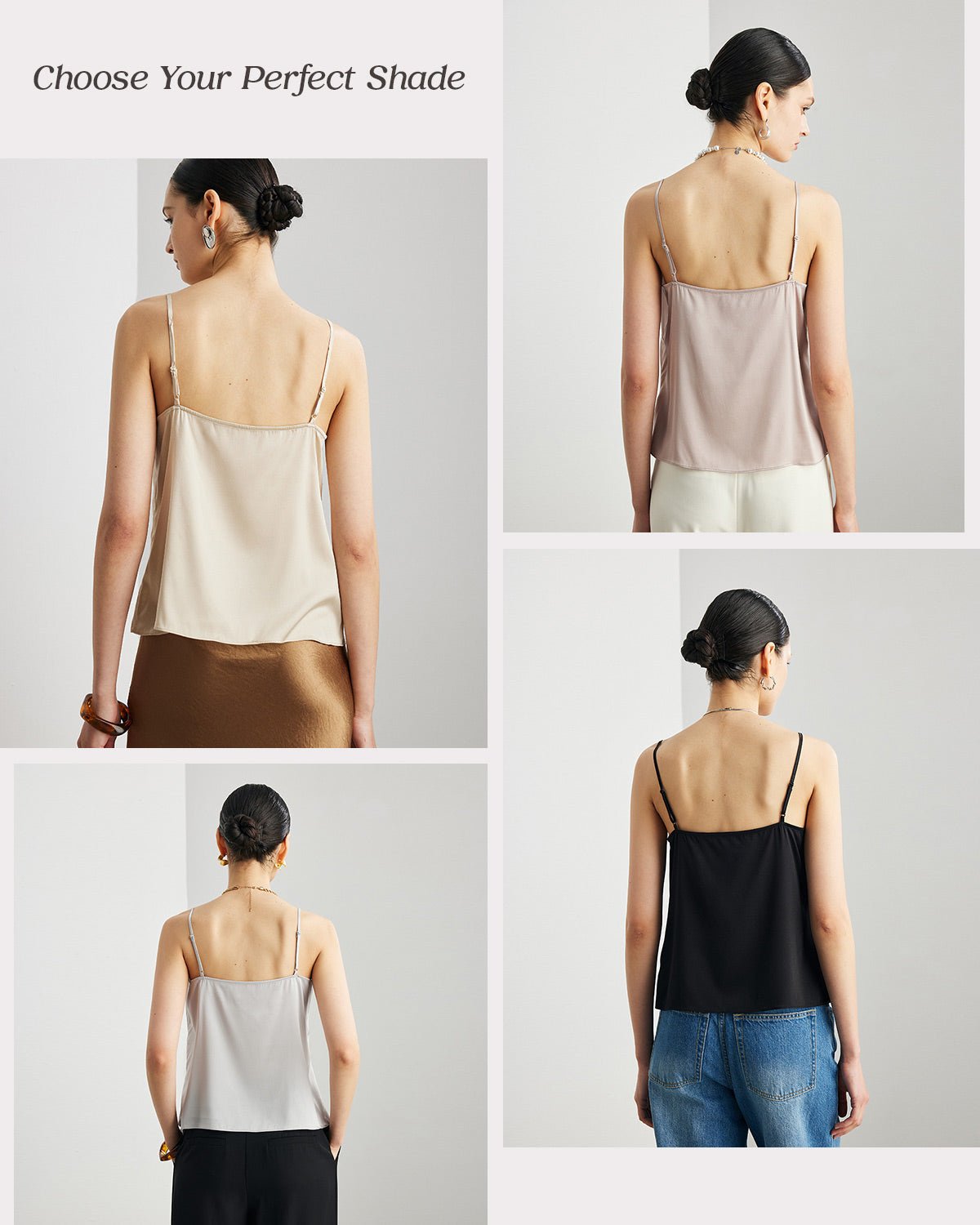 Womens 100% Mulberry Silk V - Neck Tank Top with Lace Trim, 22 Momme Silk, Adjustable Spaghetti Straps, Loose Fit Cami - FEELITS