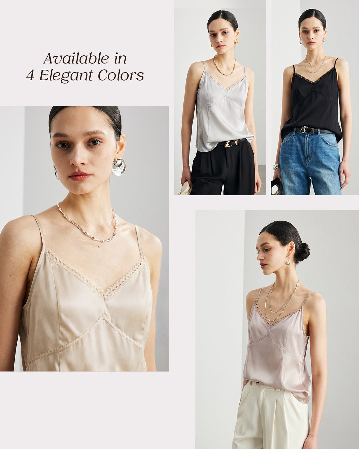 Womens 100% Mulberry Silk V - Neck Tank Top with Lace Trim, 22 Momme Silk, Adjustable Spaghetti Straps, Loose Fit Cami - FEELITS