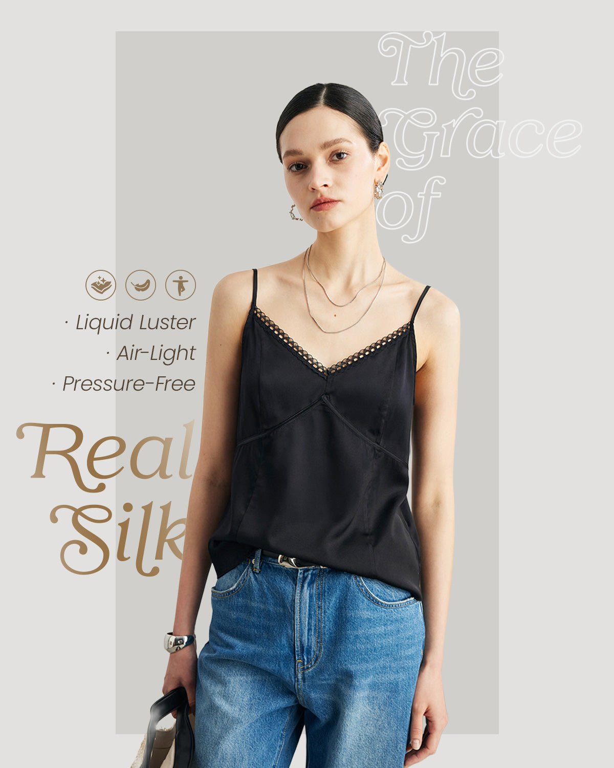 Womens 100% Mulberry Silk V - Neck Tank Top with Lace Trim, 22 Momme Silk, Adjustable Spaghetti Straps, Loose Fit Cami - FEELITS