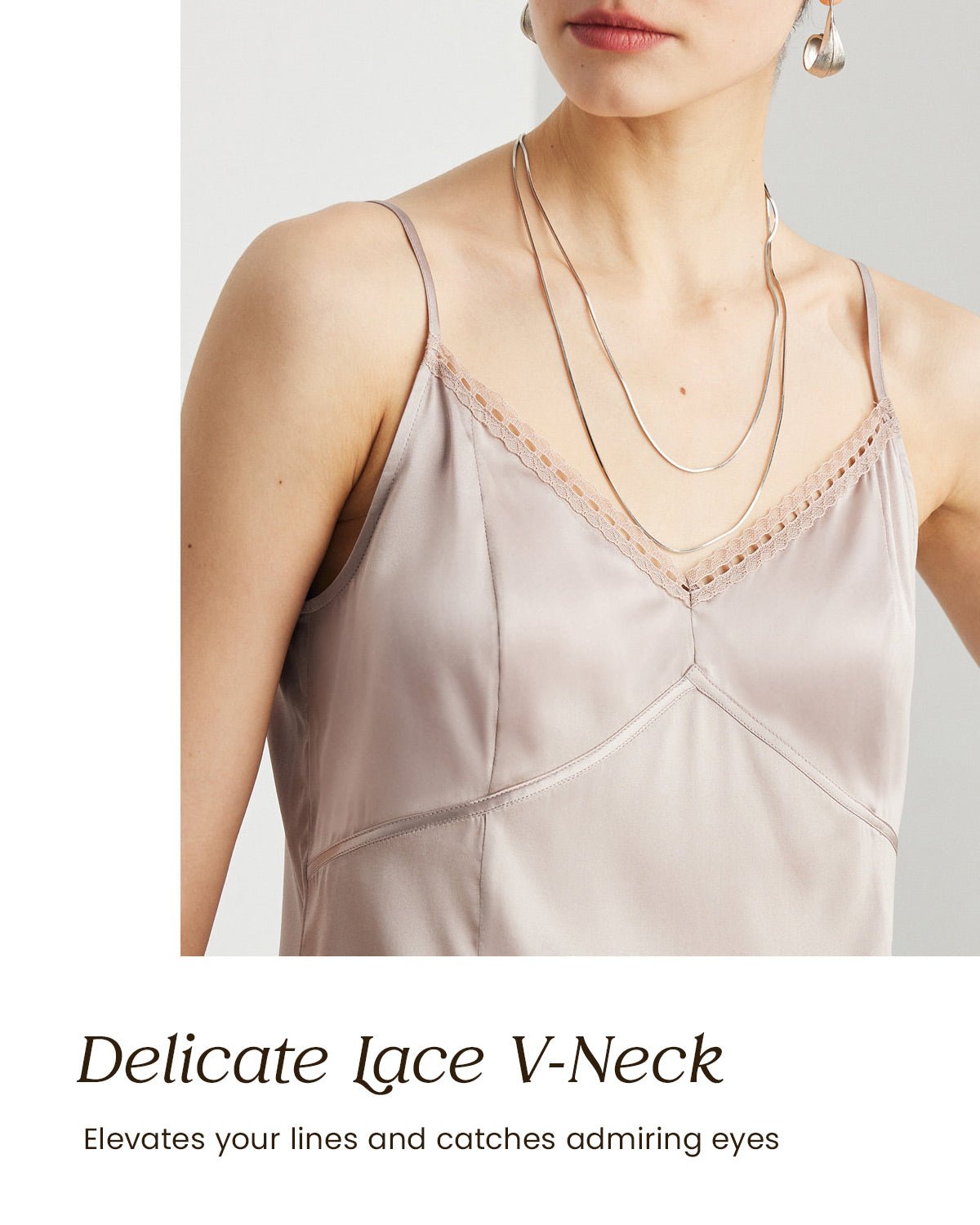 Womens 100% Mulberry Silk V - Neck Tank Top with Lace Trim, 22 Momme Silk, Adjustable Spaghetti Straps, Loose Fit Cami - FEELITS