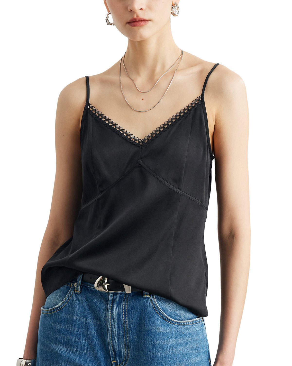 Womens 100% Mulberry Silk V - Neck Tank Top with Lace Trim, 22 Momme Silk, Adjustable Spaghetti Straps, Loose Fit Cami - FEELITS