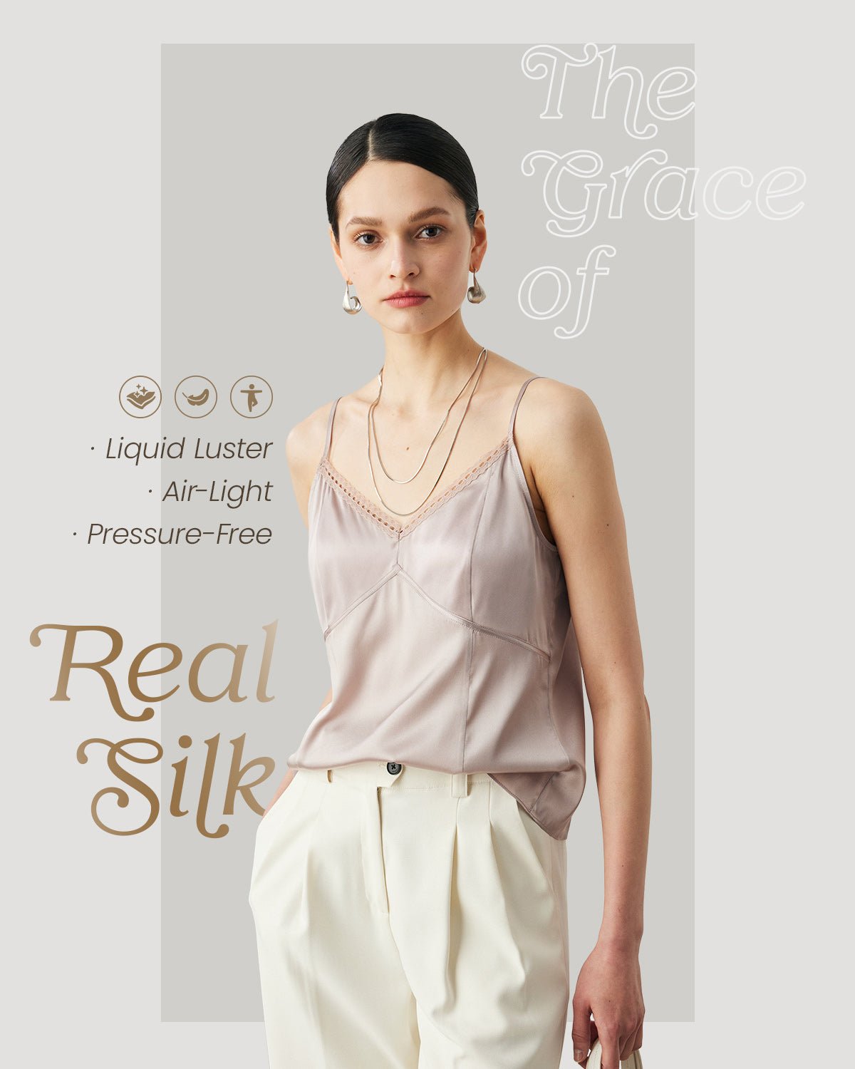 Womens 100% Mulberry Silk V - Neck Tank Top with Lace Trim, 22 Momme Silk, Adjustable Spaghetti Straps, Loose Fit Cami - FEELITS