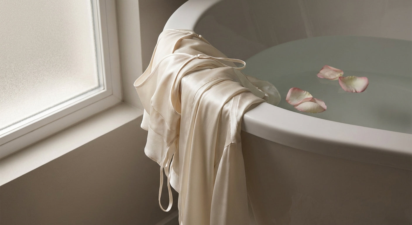 Delicate ivory silk garments draped over a white ceramic basin filled with clear water in soft natural light, evoking gentle hand washing and luxurious fabric care.